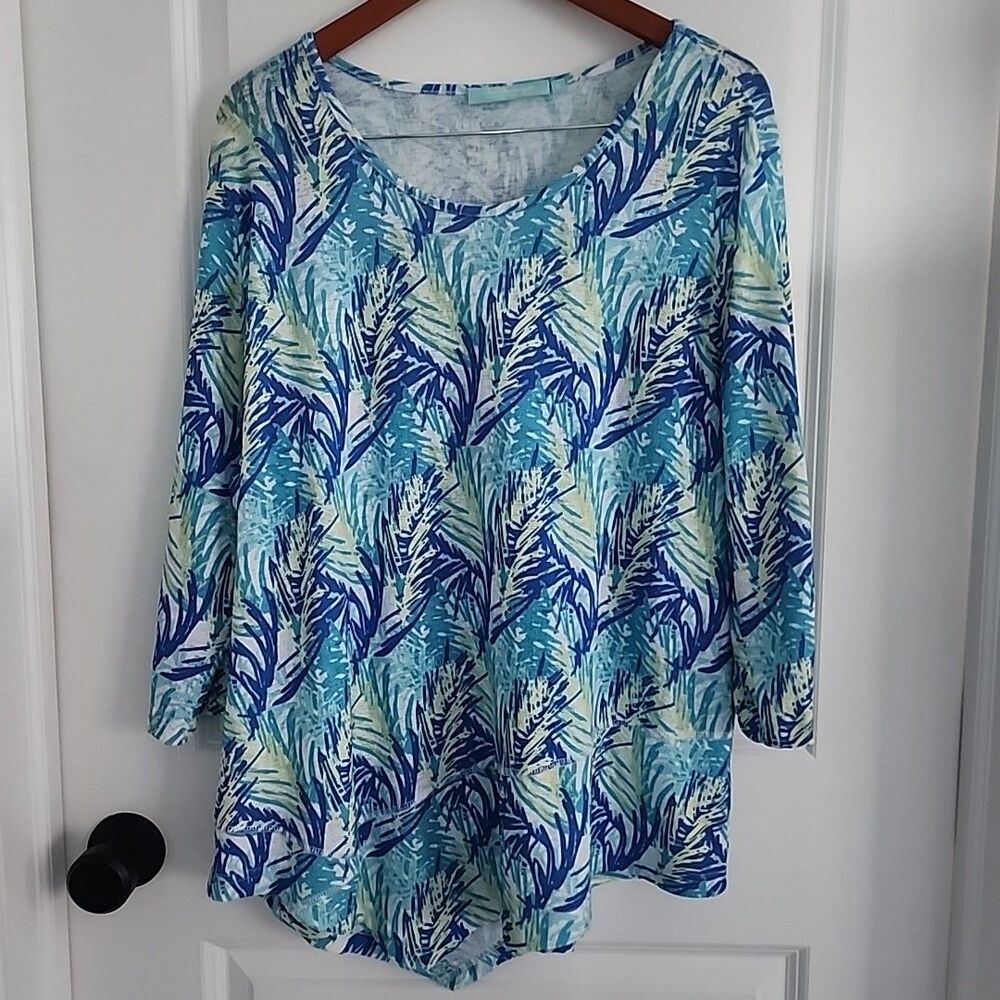 Anthony's Resort Wear Top Womens Plus Size 1X Palms Print Blue White Beach